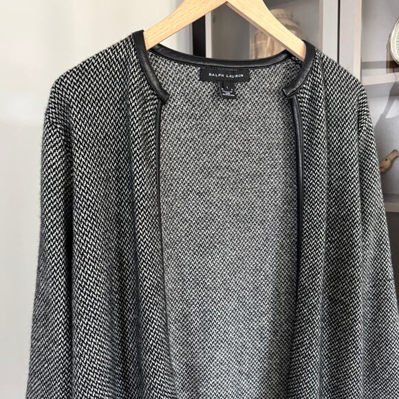 Ralph Lauren Black Label Cashmere Leather Trim Cardigan L Herringbone Gray Coat - Picture 2 of 6